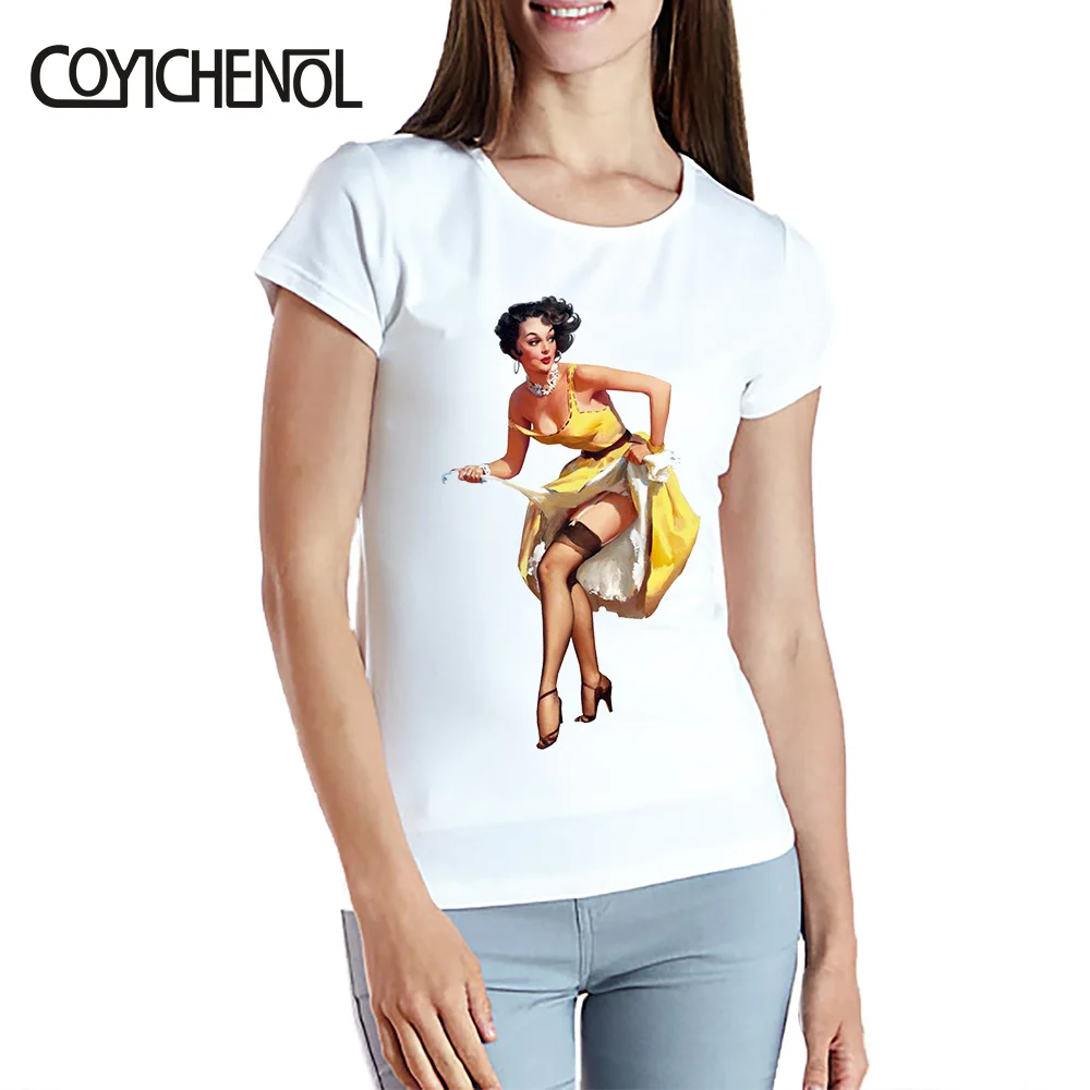 С изображением девушке в стиле пин-ап футболка женская рубашки для мальчиков