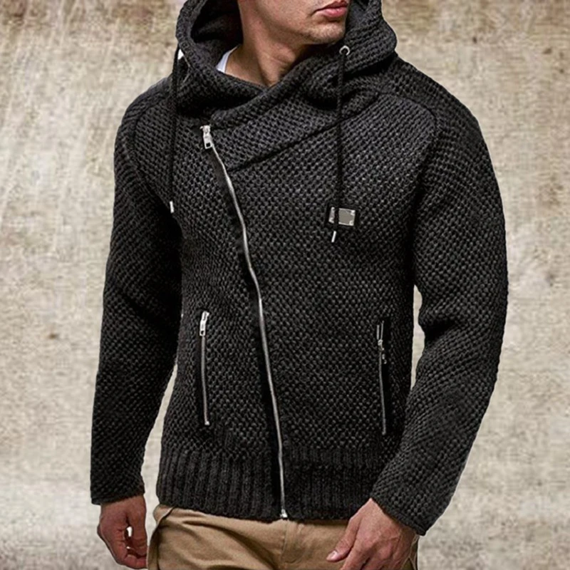 

2022 Fashion Zipper Slim Fit Coat Long Sleeve Black Solid Sweater Men's Hooded Collar Casual Coat With Pocket Clothing For Man