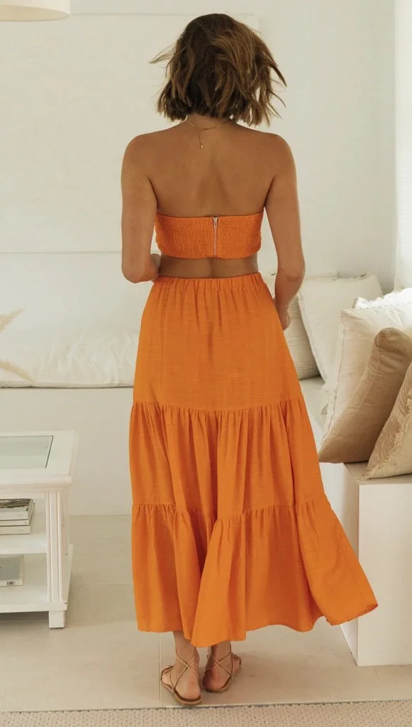 Женский сексуальный Топ без бретелек с открытой спиной и длинное платье комплект