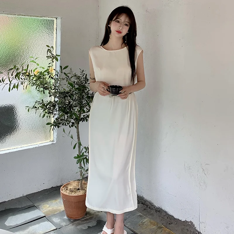 

Korejepo Women 2 Piece Set 2021 Summer New Korean Chic White Dress Female Temperament Strapless Mid-length Waist Split Dresses