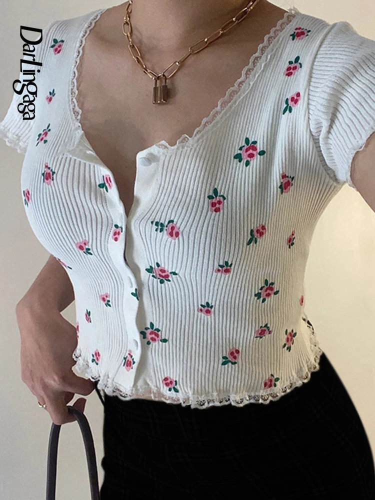 

Darlingaga Casual Small Floral Printed Summer Crop Top Short Sleeve T shirt Women Korean Cute Lace Trim Cardigan Slim Knit Shirt