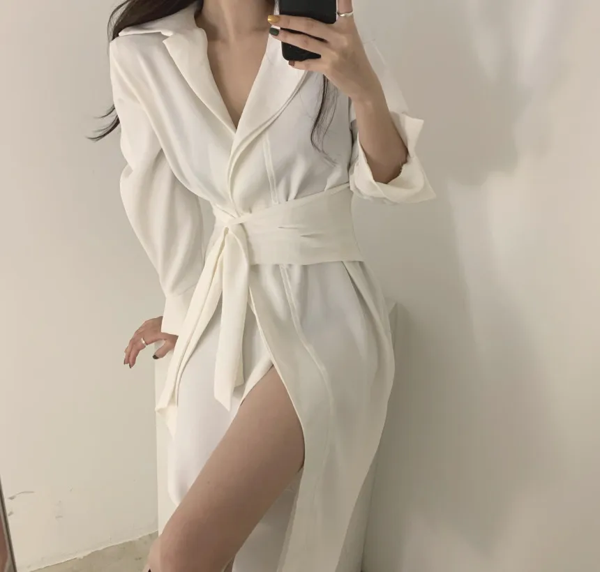 

Mature Gentle Lady High Slit Dress Pure Color Minimalist Suit Lapel Elegant Lace Three-dimensional Sexy Temperament Chic Dress