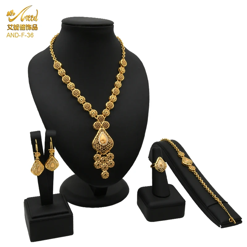 

New Nigerian Wedding Jewelry Set Copper African Necklace Bracelet Earring Ring Gold Jewellery Dubai Choker Bridal Ornament