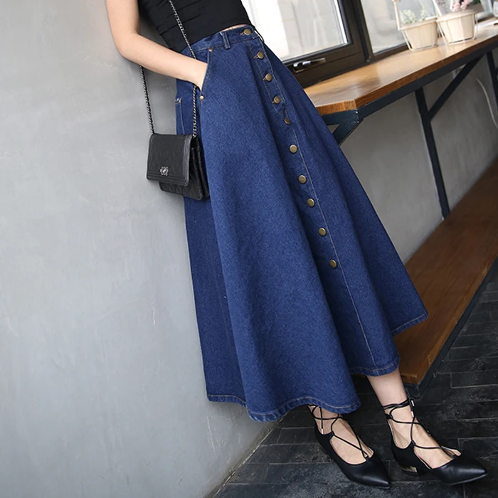 

Womens High Waist Big Hem Casual Zipper Pockets Ladies Elegant Daily All-match Skirts Women Denim A-Line Solid Button Skirts