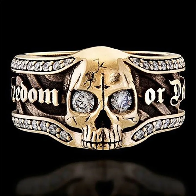 

Hip Hop Punk Men Alloy Skull Head Engraved Ring Lettering Diamond Decoration Casual Party Geometric Ring Jewelry