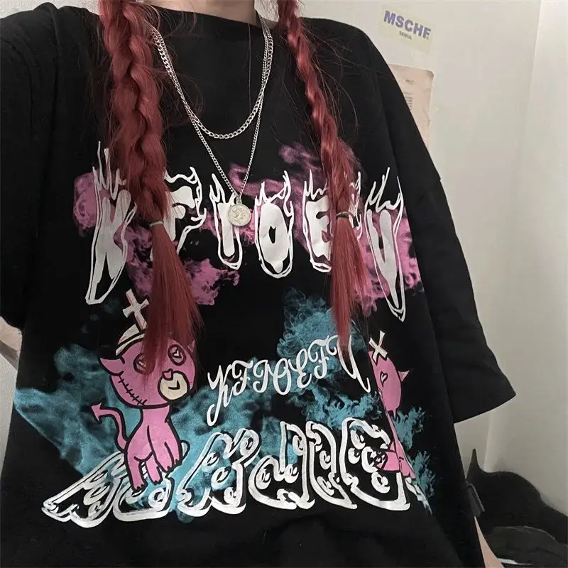 

QWEEK Women's Cotton T-shirt Harajuku Summer Anime White Short Sleeve T-shirt with Print Gothic Dark Goth Tops Female