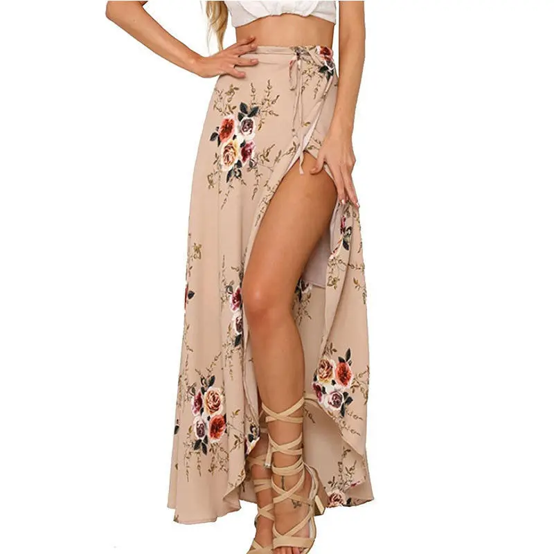 

Floral print long skirt women Casual boho beach summer maxi skirt female Button split streetwear tassel sexy skirts 2018