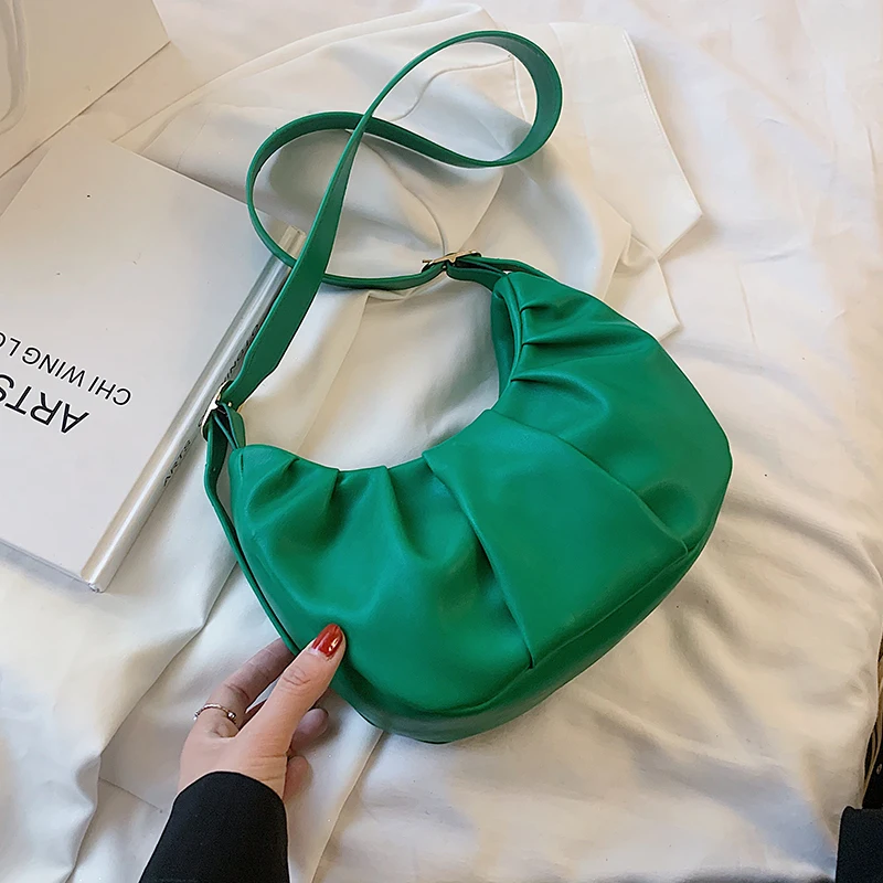 

Half-Moon Folds PU Leather Small Crossbody Bags for Women 2021 Travel Fashion Simple Shoulder Simple Handbag Ladies Green White
