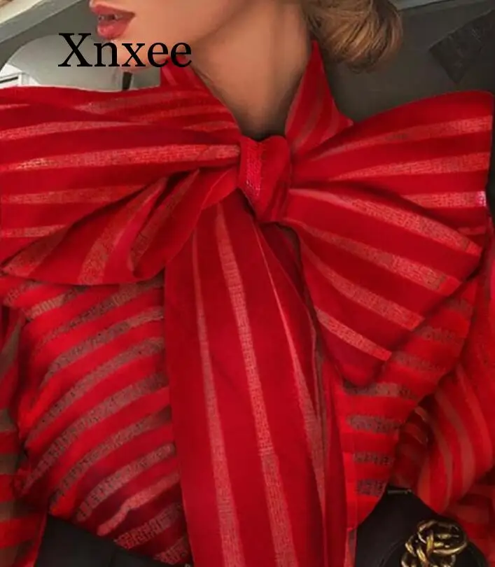 women solid color bow collar organza casual smock Shirts blouses women long sleeve transparent roupas chic chemise shirt bow red