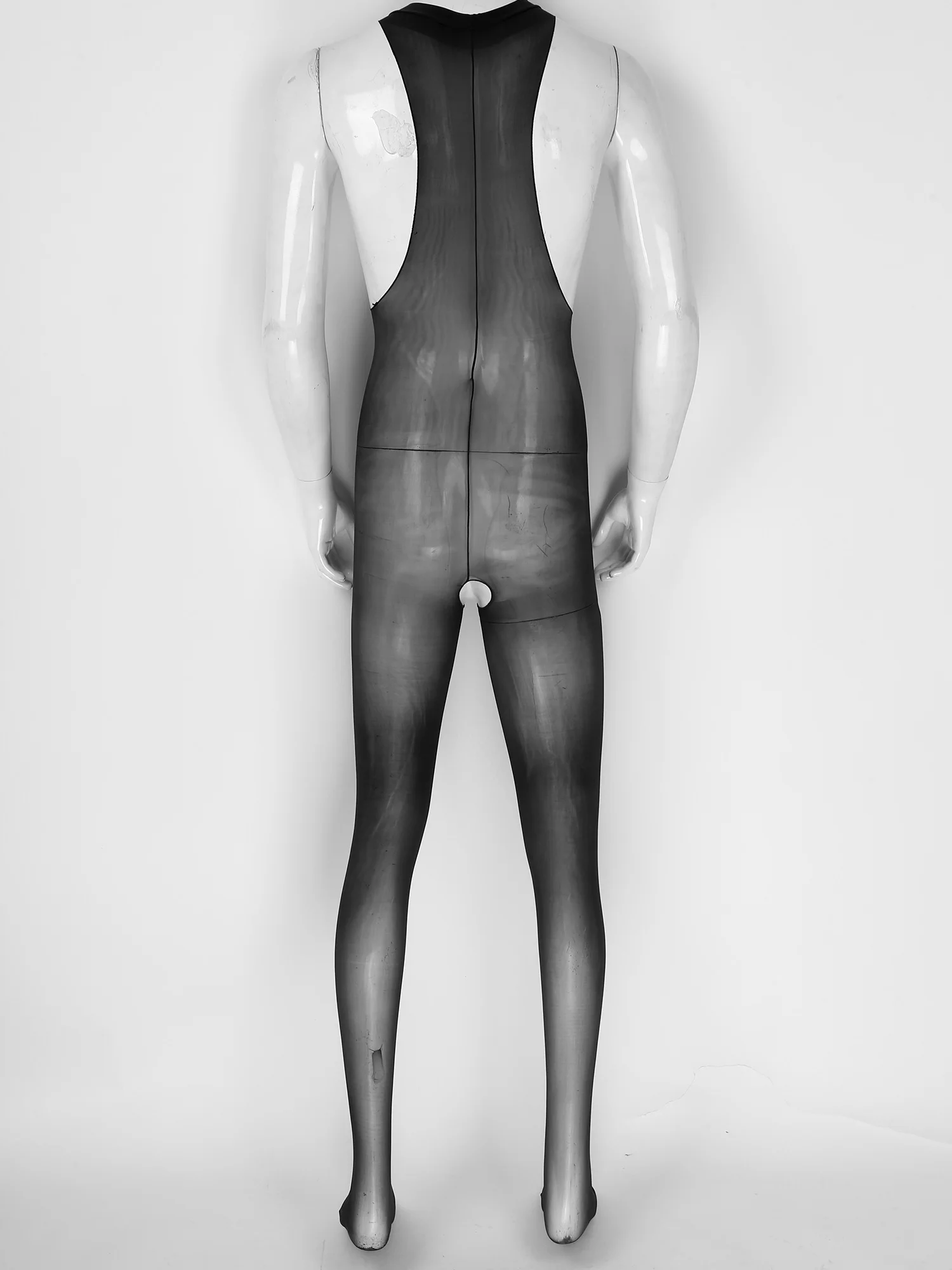 Мужское прозрачное боди с круглым вырезом глянцевое трико без рукавов вырезами