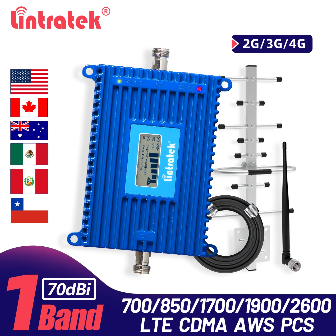Фото Усилитель сотовой связи Lintratek 700 МГц B28 CDMA 850 AWS 1700 шт. 1900 LTE 2600 полный комплект |
