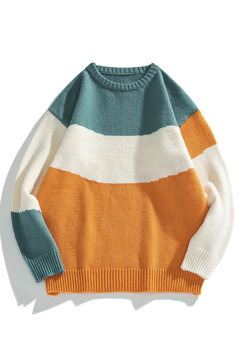 

2020 Autumn Winter Men Knitted Sweaters Striped O-Neck Pattern Pullovers Male Casual Outwear Patchwork Tops