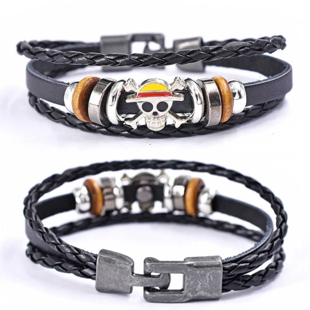 

Anime One Piece Bracelet PU Luffy Pirate Logo Black Leather Braided Cosplay Accessories Bangles Jewelry Kids Toy Christmas Gift