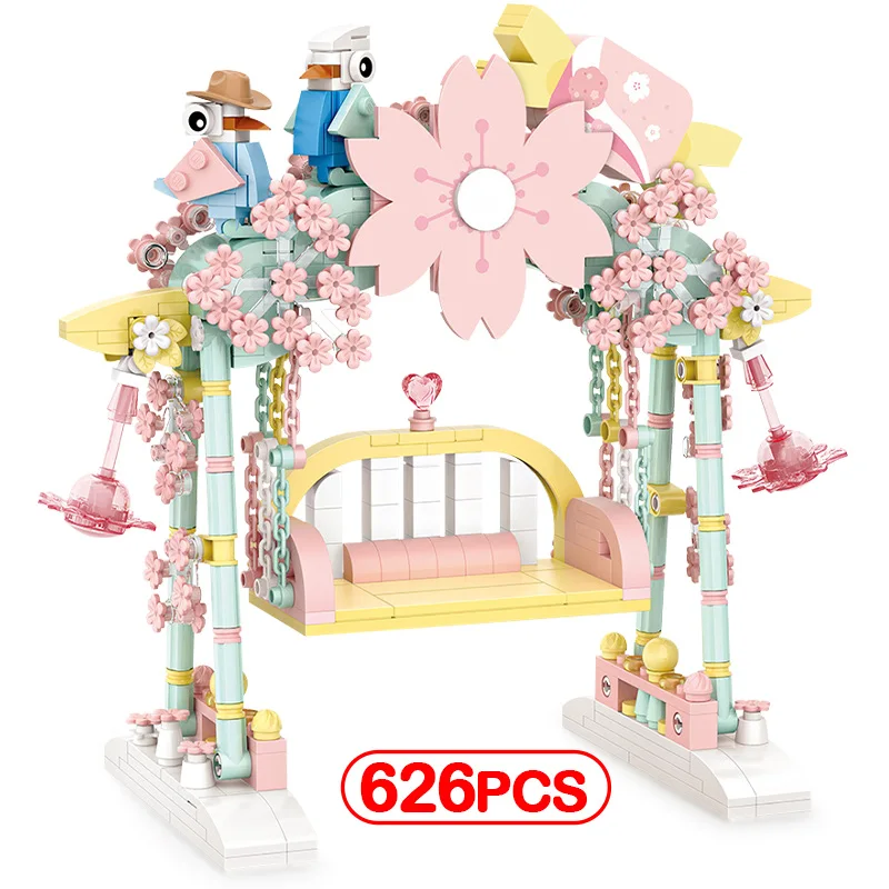 

626pcs Mini City Street View Romantic Sakura Flower Swing Building Blocks Friends Cherry Blossoms Princess Bricks Toys For Girls