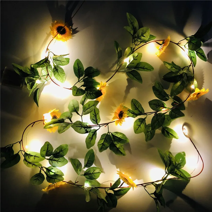 

2M 20leds Sunflower Vine String LED Fairy lights Battery Holiday Wedding Valentine's Day Christmas Green Leaf Decoration Garland