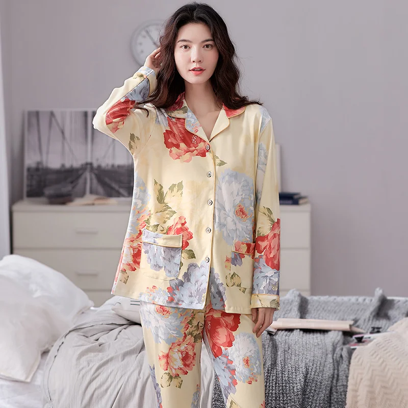 

Autumn Pajamas For Women Sleepwear Cotton Pyjamas Womens Long Sleeve Turn-down Collar Elegant Plus Size Female Homewear Clothes