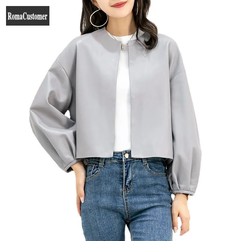 

Genuine Leather Jackets Womens 2022 Autumn New Sheepskin Loose Concise O-Neck Casual Lantern Sleeve Elegant Fashion Outerwear