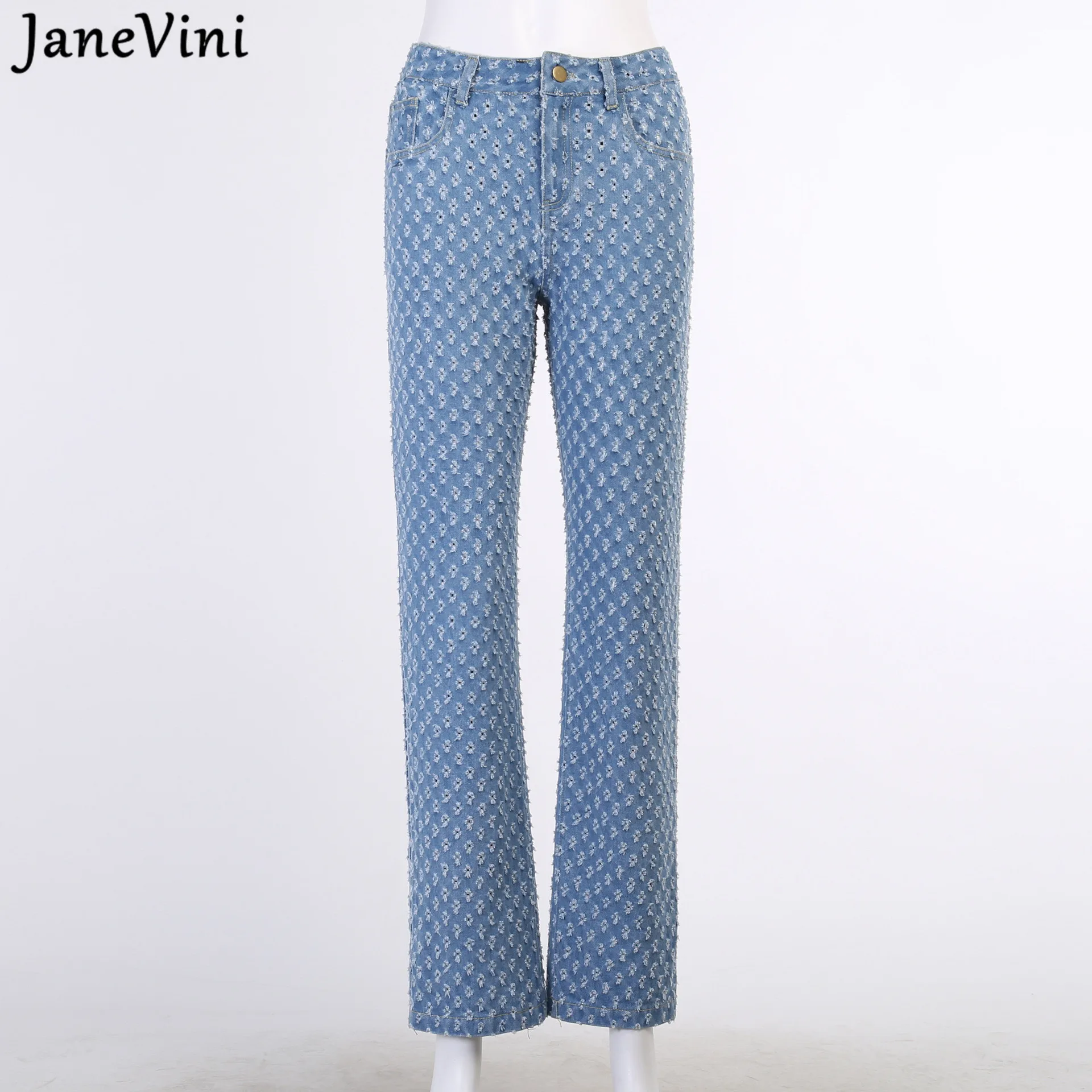 JaneVini женские штаны голубые джинсы сезон осень высокая талия длинные в уличном