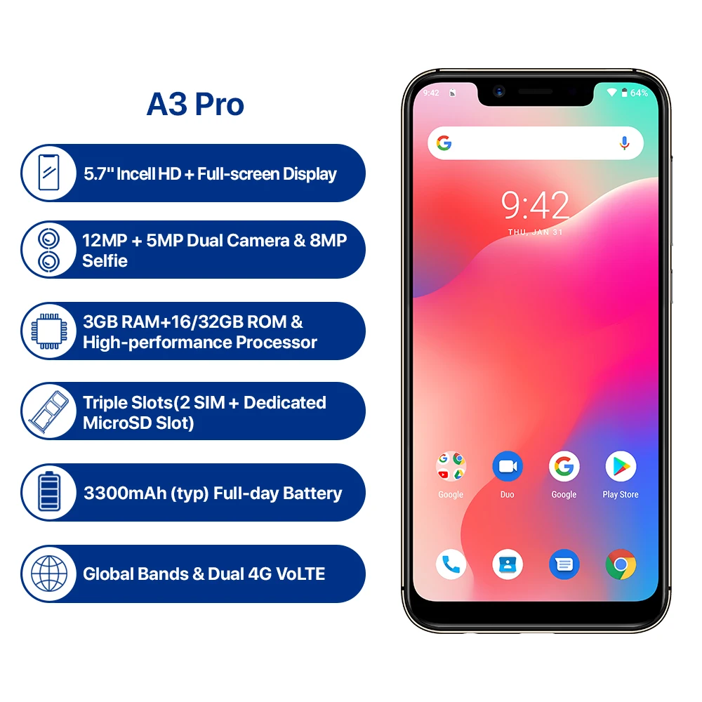 UMIDIGI A3 Pro глобальная полоса Android 9 0 5 7 &quot19:9 полноэкранный мобильный телефон 3 ГБ + 32
