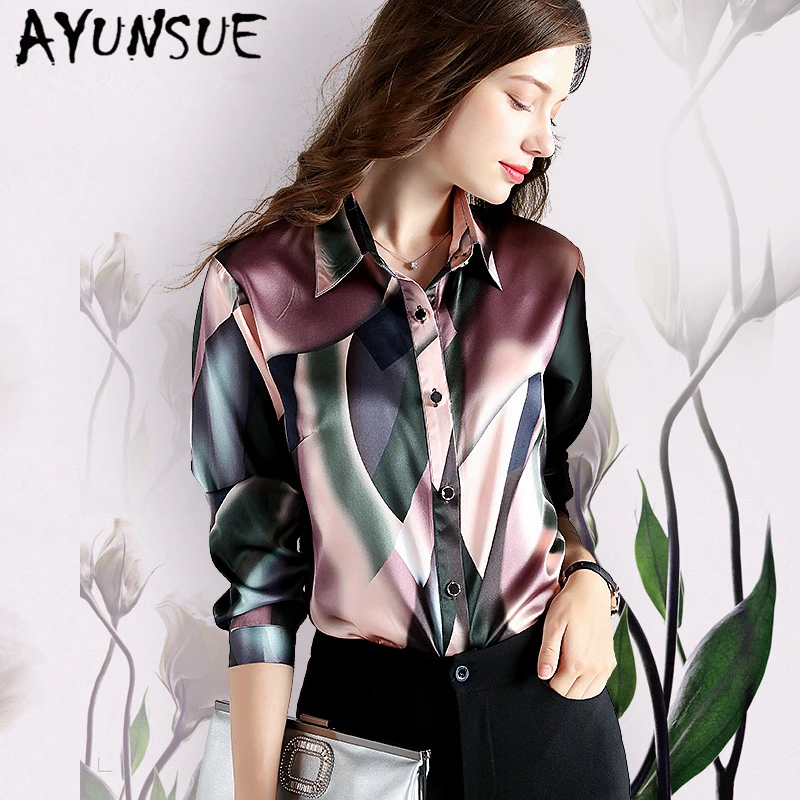 AYUNSUE Women Fashion Blouses 2020 Spring 92% Silk Blouse Women's Shirts Long Sleeve Floral Fit Womens Tops 4XL Blusas 17B180680