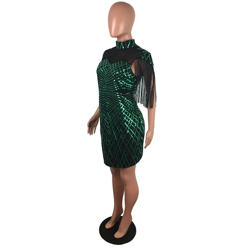 Adogirl Christmas Tassel Sequins Party Dress Turtleneck Sheer Mesh Patchwork Bodycon Mini Night Club Female Vestidos | Женская одежда