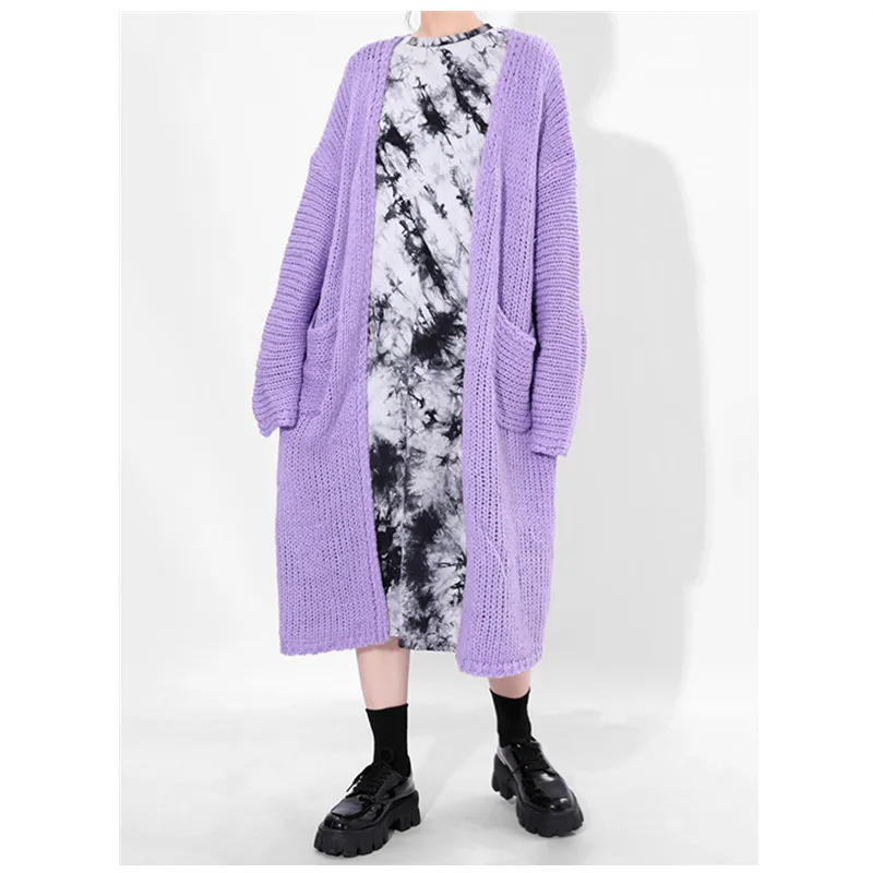 

Women Oversize Purple Mohair Long Knitting Cardigan Sweater V-Neck Sleeve Woman New Fashion Autumn Winter 2021 Sweaters Jumpers