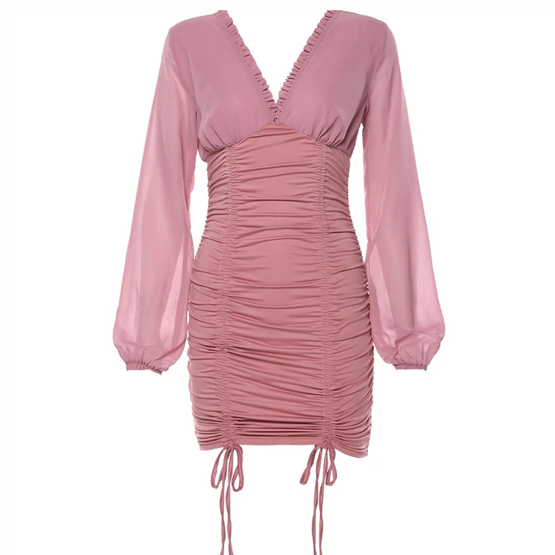 

Spring Summer Fall Women's Dress New Women Fashion Puff Sleeve Sexy Hot Ladies Deep V-Neck Tight Female Club Party Mini Dresses