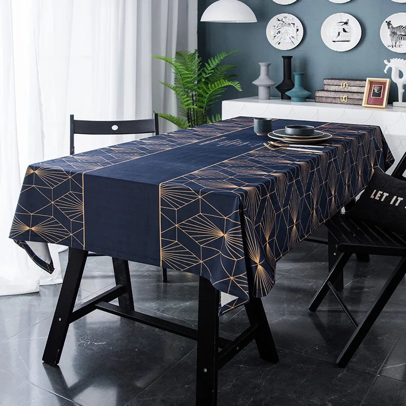 

Europe and America Velvet Printed Tablecloth Navy Blue Gold Line Rectangular Digital Printing Coffee Table Cloth decoration