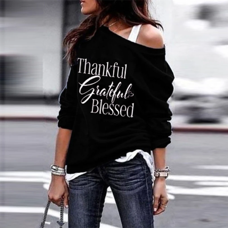 

Женская Повседневная футболка на одно плечо, мягкая хлопковая футболка с длинным рукавом и открытыми плечами на День Благодарения, Новинка ...