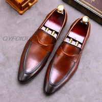 autumn summer pointed toe mens loafers for wedding party black brown genuine leather slip on mens dress shoes casual business