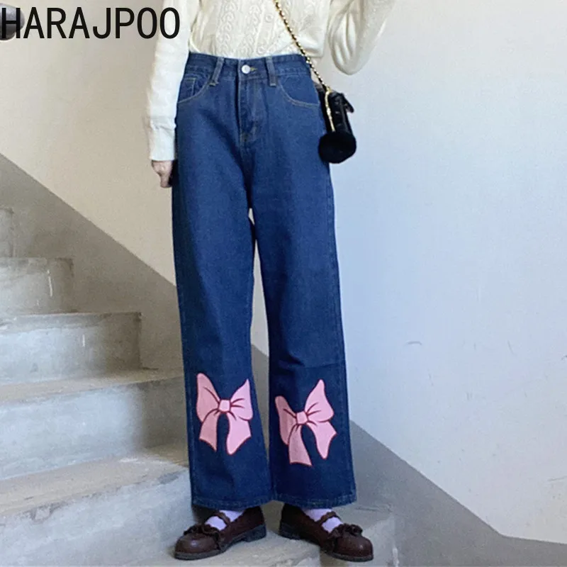 

Harajpoo Jeans Women Japanese Girls Autumn New Open Bow Knot Printed Loose Straight Trousers Wild Wide Leg Pants High Waisted