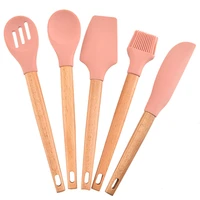 5pcs kitchen utensils set wood handle kitchenware spatula spoon scraper brush bbq tools silicone baking cooking accessories