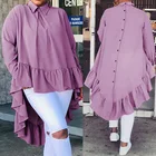 Женские асимметричные топы Celmia 2022, модные однотонные рубашки с пуговицами сзади и оборками, повседневные блузки с длинным рукавом и лацканами, женские блузки