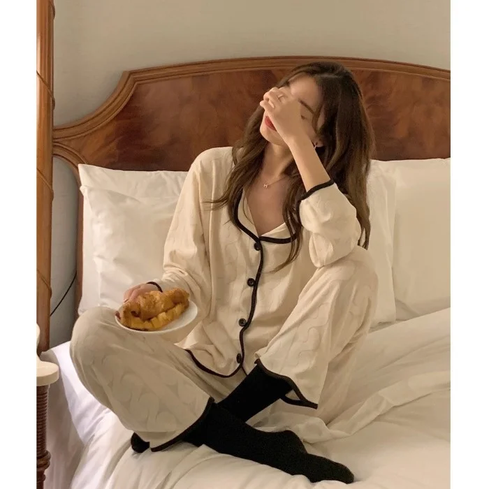 Пижама с лацканами и волнистыми краями Женская Удобная Повседневная Домашняя