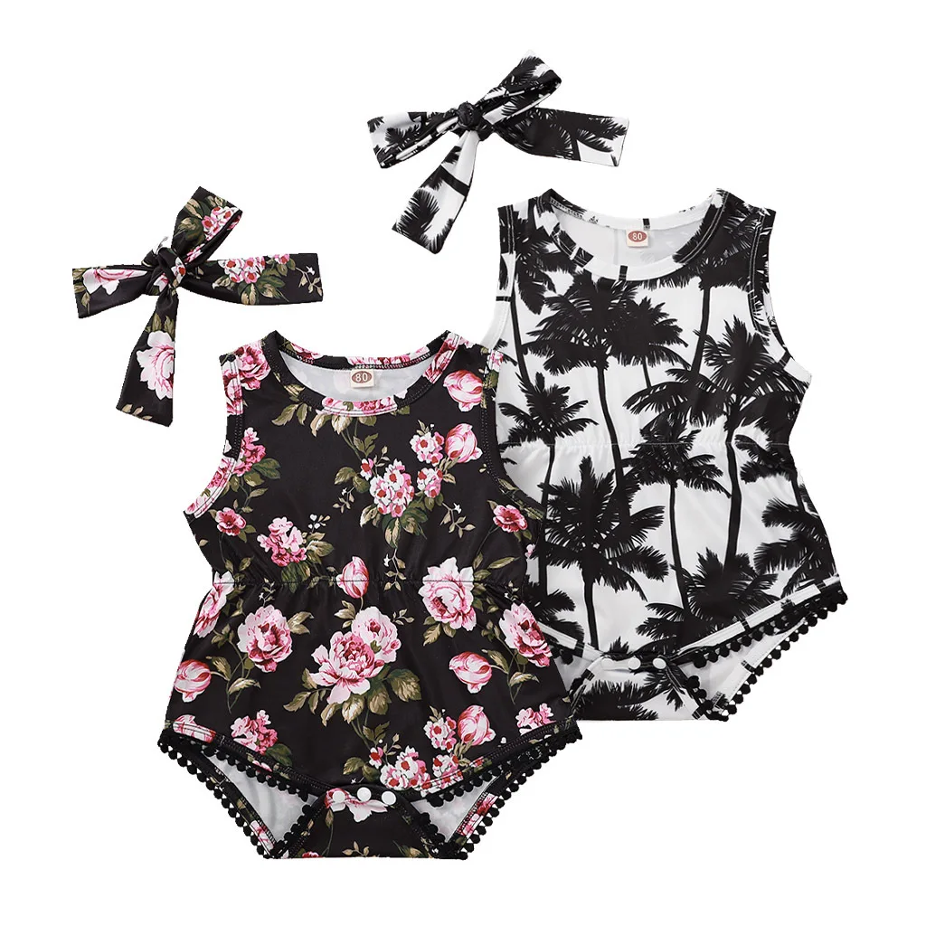 

New 2021 Infant Newborn Baby Boys Girls Romper Summer Sleeveless Print Floral Bow Cute Baby Rompers Clothes Outfits 0-2T