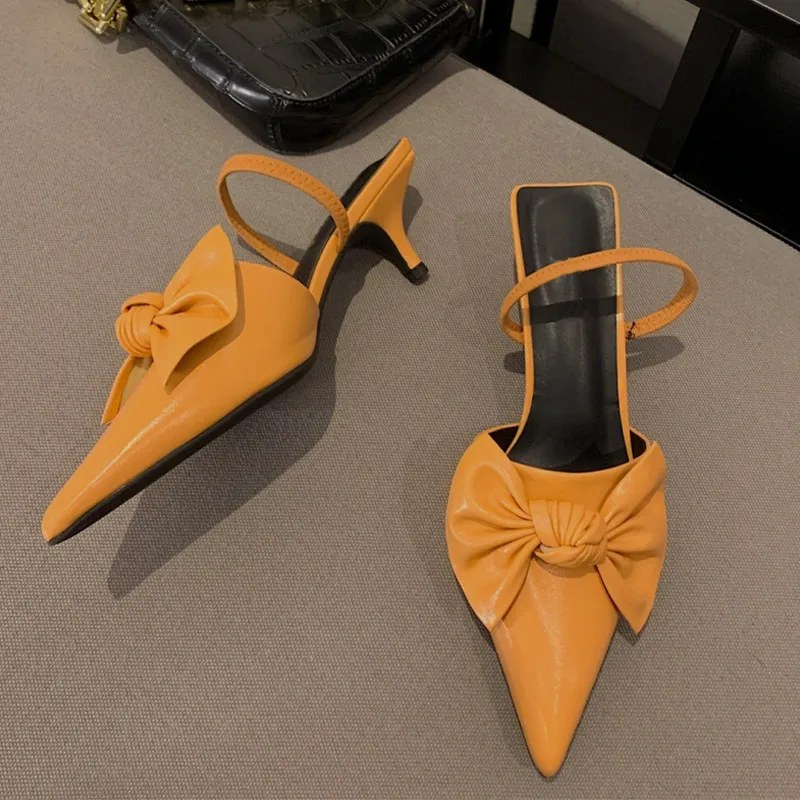 

Women High Heels Elegant Pointed Toe Luxury Sandals Female Shoes Bowknot Slip On PU Footwear Ladies Fashion Shoe 2021 New