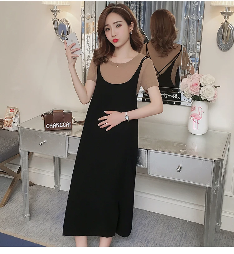 1927# 2PCS/Set Summer Korean Fashion Maternity Long Dress Sexy Sweet Side Splits Sling Dress for Pregnant Women Pregnancy Shirt