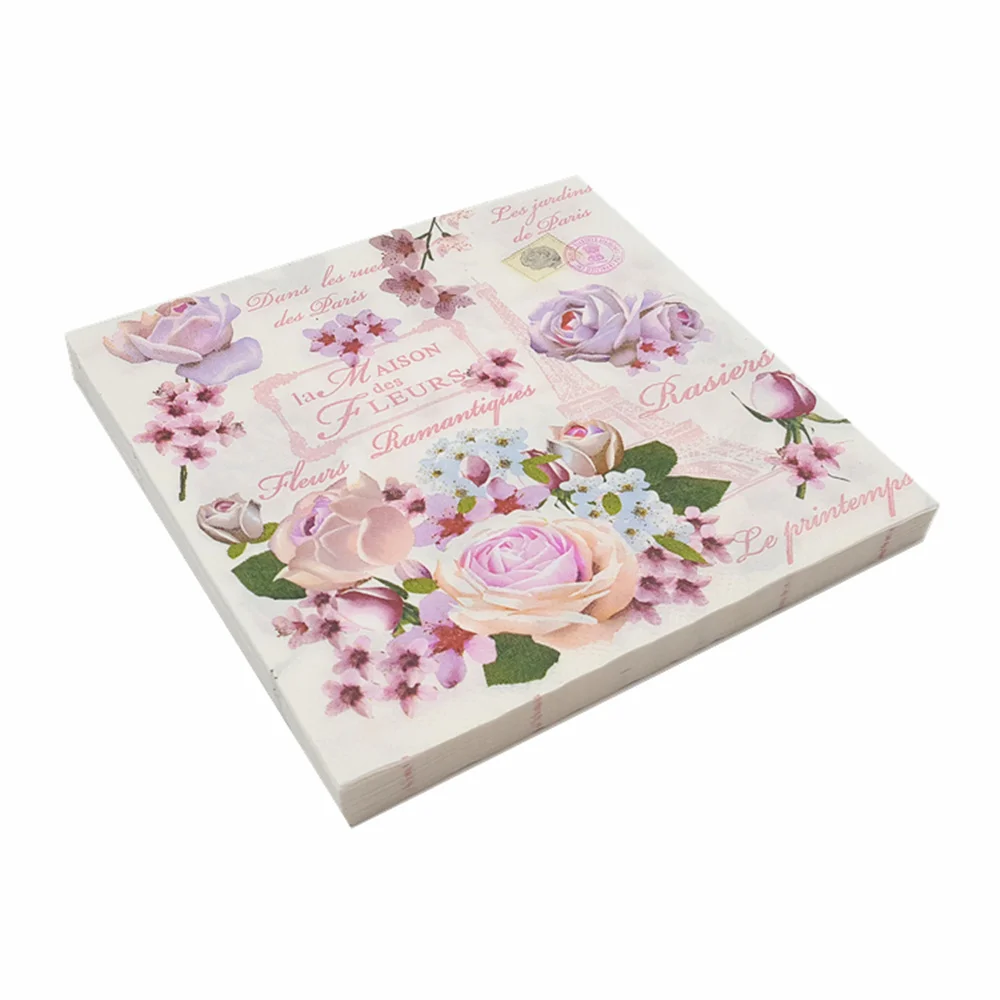 

33*33cm 20pcs/lot Pink Flower Eiffel Tower Colored Printed Napkins Serviettes Decoupage Decorated Wedding Party Birthday Decor