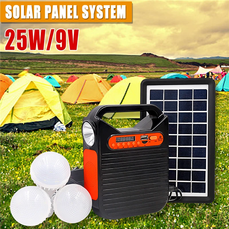 25W Bluetooth-compatible USB Charger Home System Solar Power Panel Generator Kit with FM Radio 3 LED Bulbs Emergency Lighting