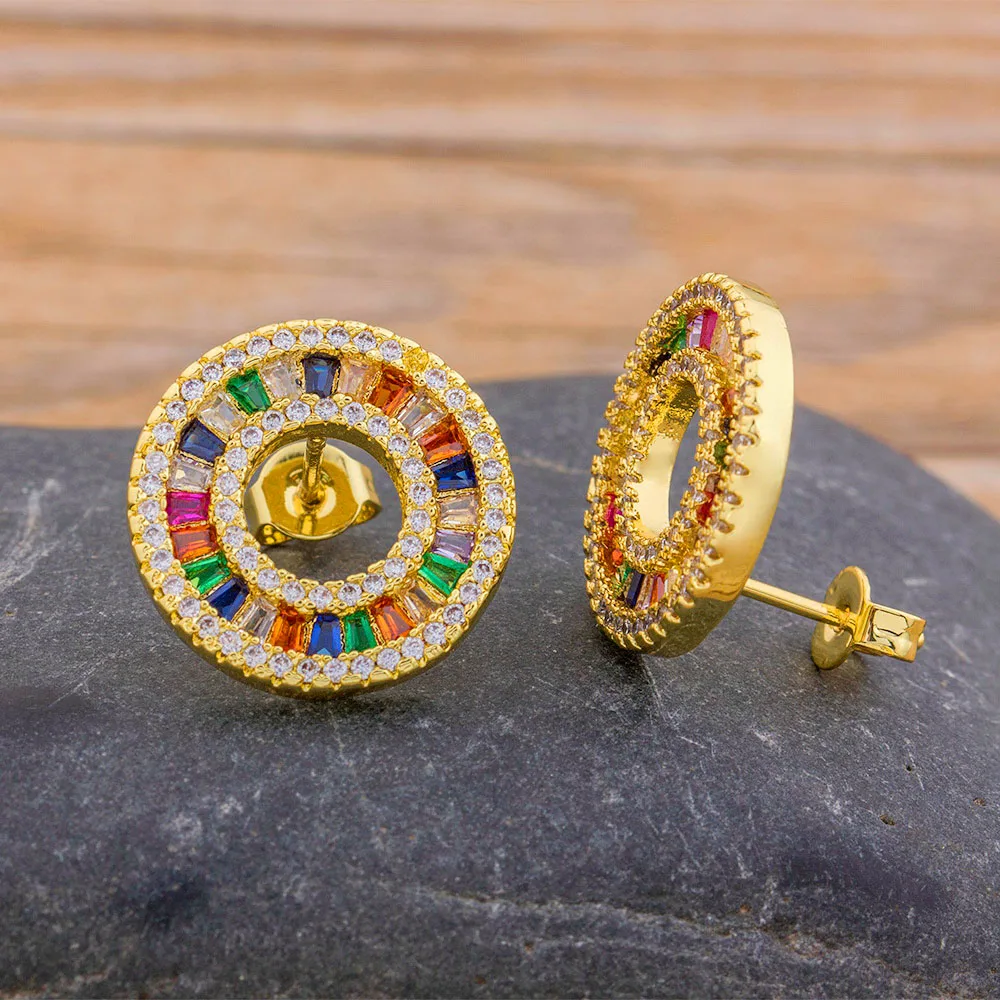 

Fashion Statement Stud Earrings Geometric Round Copper CZ Earrings For Women Rainbow Rhinestone Earrings Modern Female Jewelry