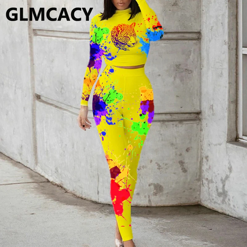 

Women Colorful Leopard Tracksuits Long Sleeve O Neck Sweatshirt and Casual Slim Pants Set