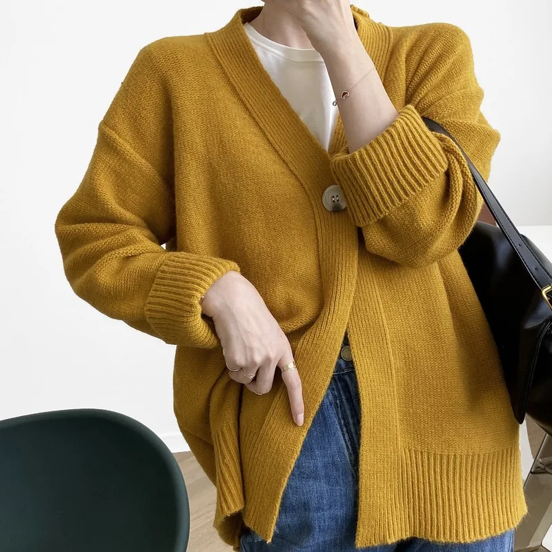 

2020 Autumn New Loose Slimming Casual Solid Color Simple Temperament All-match V-neck One Button Sweater Cardigan Coat for Women