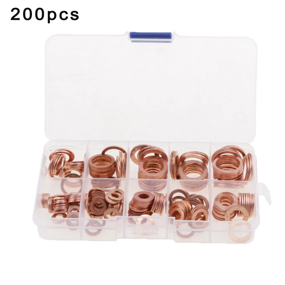 

200pcs Copper Washers Crush Seal Assortment Assorted Set Set Of 200 Oil Drain Plug Washers Coppers New 13*7*2.3cm Copper Washers