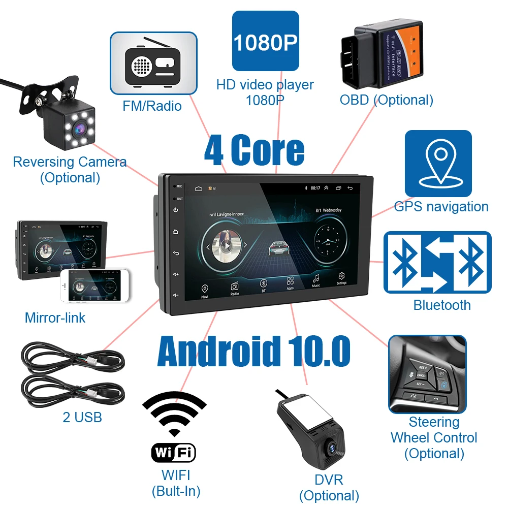 android 10 0 car radio multimedia video player gps navigation 2 din bluetooth wifi 7 hd touch screen multimedia video player free global shipping