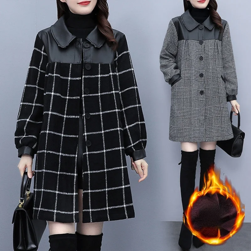 

New Women Wool Blends Coat Winter 2022 Turn-down Collar Plaid Black Thicken Woolen Jacket Loose Tops Outerwear Female Y635