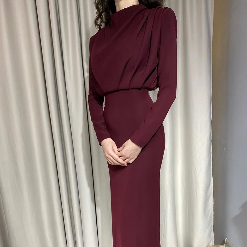 

Stylish Women's Slim Waist Ruched Solid Color Long Dress Fashion Ladies Dress