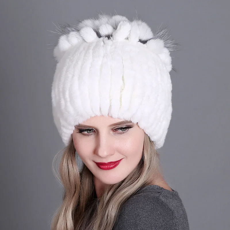 

Natural Rabbit Fox Skin Top Patchwork Mushroom Shape Caps Winter Thick Warm Casual Beanies Womens Warm Genuine Fur Russia Hat