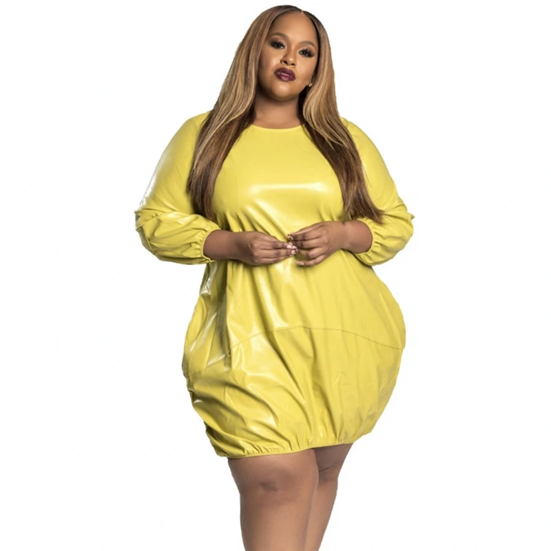 

PU Leather Dresses For Women Full Sleeve O Neck Loose Outfits 2021 Fashion Solid Leather Street Style Casual Short Dress Autumn