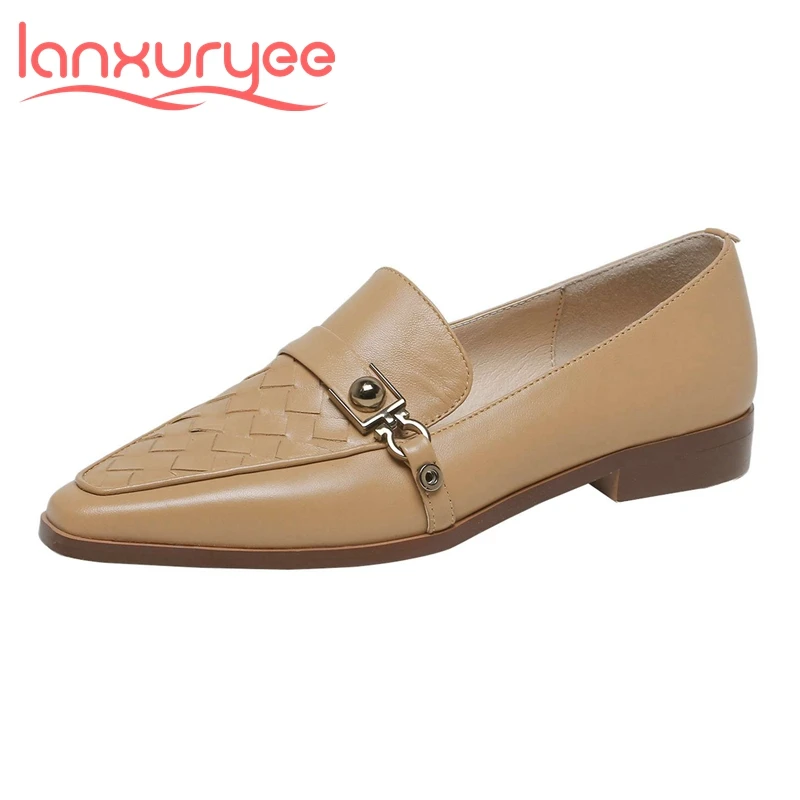 

Lanxuryee hot sheep leather small square toe low heel metal decoration simple design beauty lady dating slip on women pumps L05