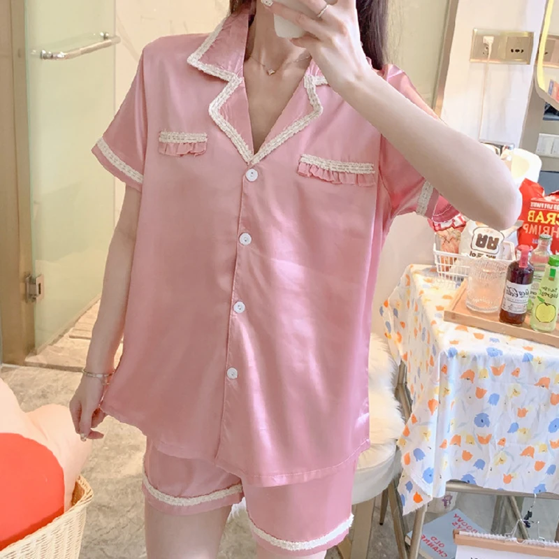 

Women 2021 New Pajamas Women's Summer Ice Silk Thin Short-sleeved Cardigan Lace Imitation Silk Home Service Two-piece Suit